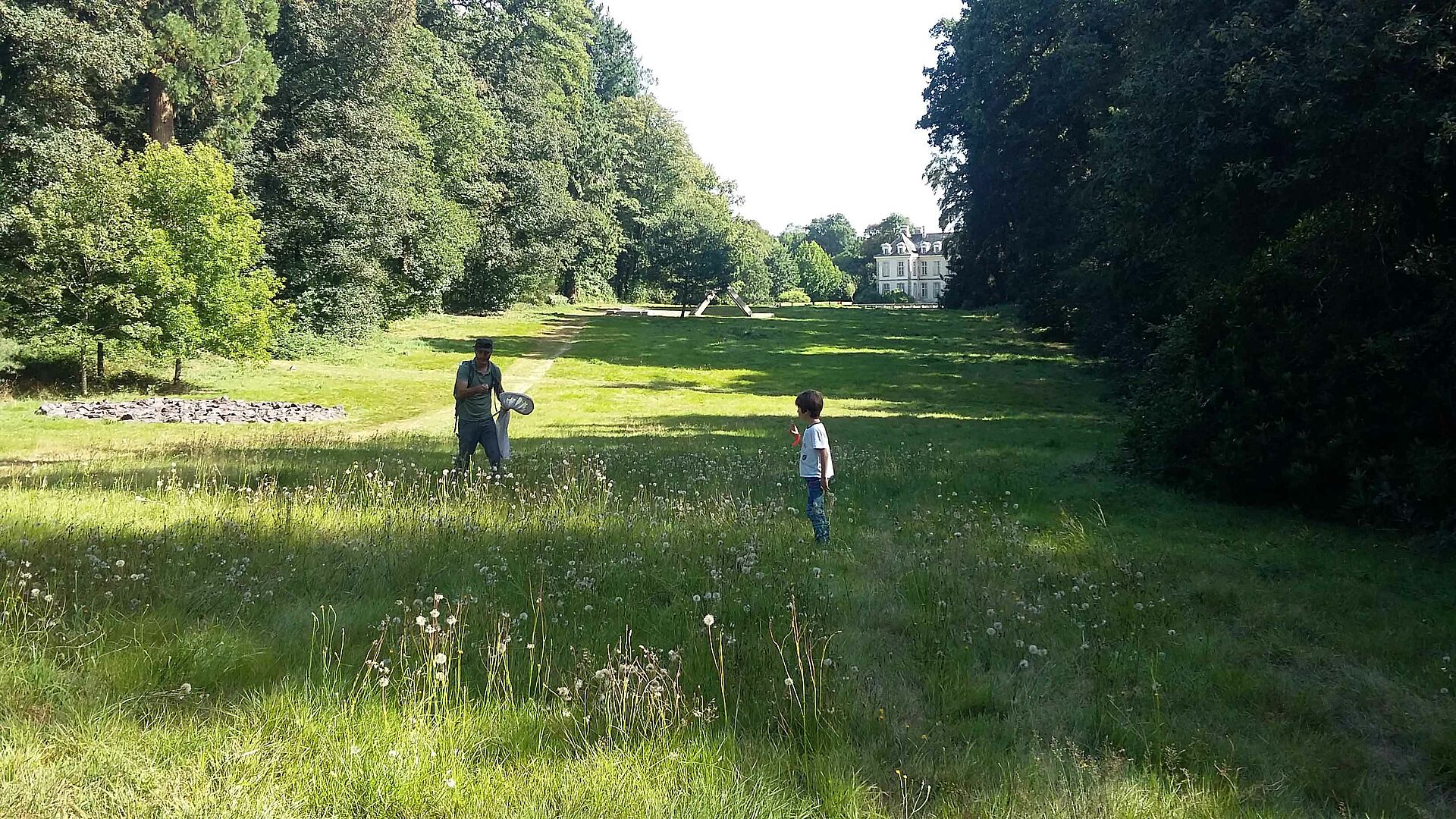 Photo d'une large étendue d'herbe encadrée d'arbres avec le château à l'arrière plan. Un homme et un enfant attrapent des insectes.