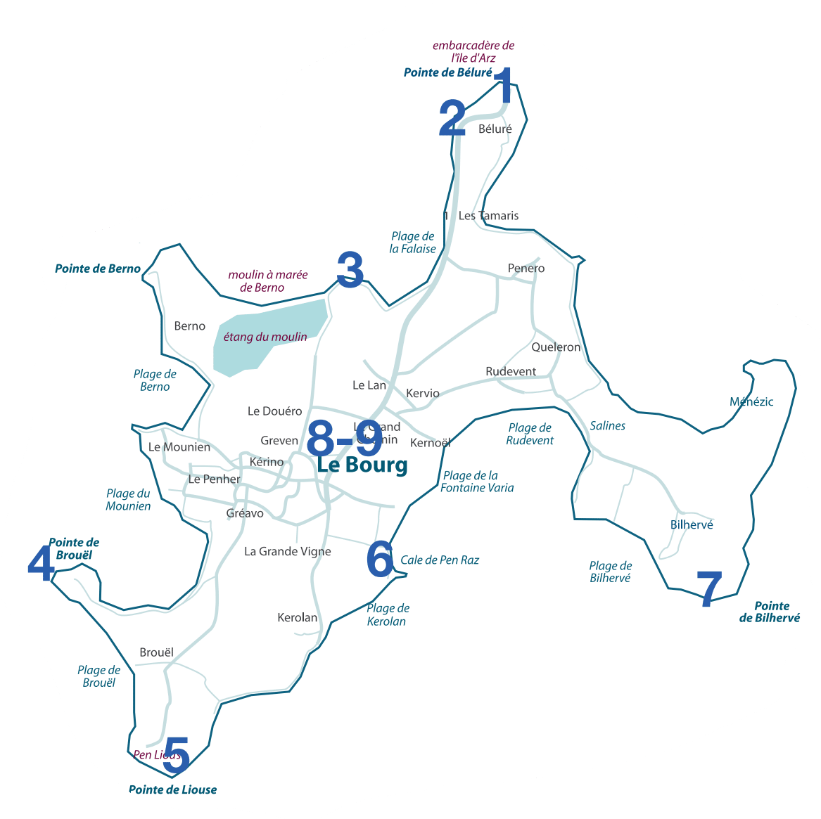 Carte localisant les 9 installations de Kawamata sur l'île d'Arz 